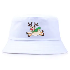 Bob en coton blanc avec renne de Noël brodé et design festif hivernal pour l'extérieur