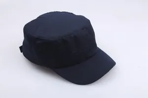 Detail view of a navy blue flat top military patrol cap made from durable twill fabric