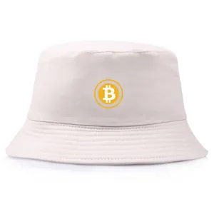 Sombrero de pescador beige de algodón con logo de Bitcoin amarillo en el frente