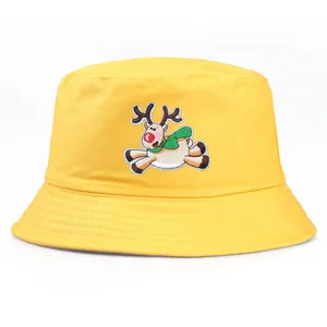 Chapeau bob en coton jaune avec broderie renne de Noël pour activités de plein air