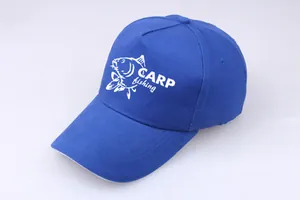 Close-up of a blue cotton carp fishing baseball cap with white screen-printed jumping fish