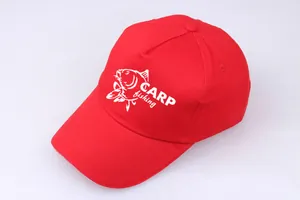 Detailed view of red cotton baseball cap featuring embroidered Carp fishing logo