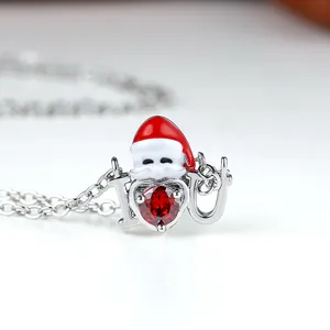 Christmas Santa Claus heart necklace with red crystal and I Love You pendant design