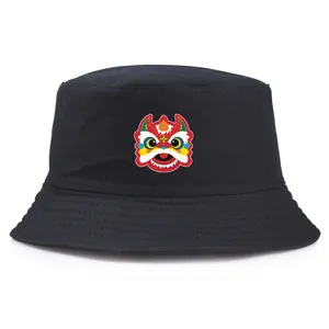 Chinese Style Lion Dance Print Cotton Bucket Hat Sun Protection Outdoor Casual Fisherman Hat For Men Women