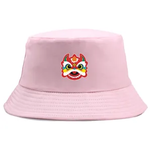 Pink cotton bucket hat with colorful traditional Chinese lion dance embroidery pattern