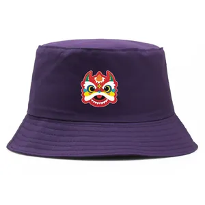 Dark purple Chinese lion dance printed bucket hat in premium twill cotton fabric