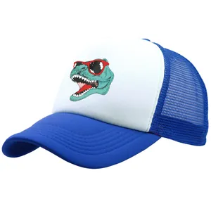 Jurassic dinosaur cartoon trucker hat with blue mesh and white foam front for summer