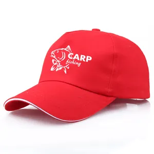 Red cotton carp fishing baseball cap with white contrast brim and graphic fish print