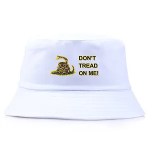 White bucket hat with yellow Gadsden flag snake and Don't Tread On Me print