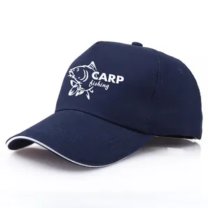 Navy blue cotton baseball cap with CARP fishing print and white brim edge contrast