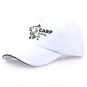 White baseball cap with black trim featuring a carp fishing illustration and text design