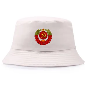 Witte vissershoed met wapen van de USSR en CCCP print voor zomerse vrijetijdskleding