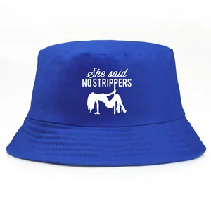Blue cotton bucket hat with white She Said No Strippers print for bachelorette parties