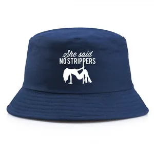 Navy blue bucket hat featuring white 'She said NO STRIPPERS' print and dancer graphic
