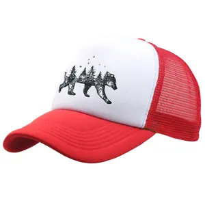 Red and white Forest Bear trucker hat with breathable mesh and curved brim outdoors