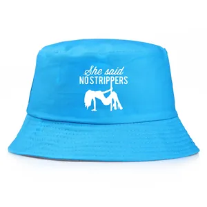Blue bucket hat with She Said No Strippers print for bachelor parties in twill fabric