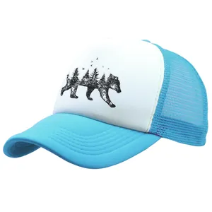 Sky blue and white trucker hat featuring a black forest bear print with breathable mesh