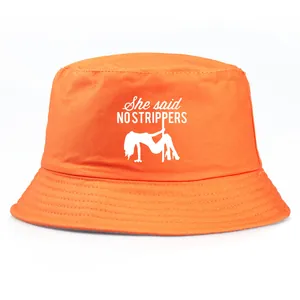 Orange cotton bucket hat featuring white She Said No Strippers print for bachelorette party