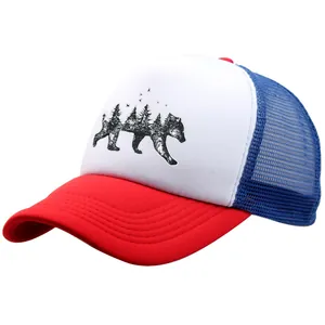 Tricolor trucker hat featuring a forest bear silhouette on the white front and blue mesh