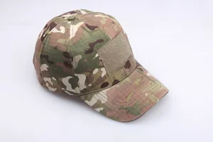 Tactical camouflage baseball cap featuring multicam pattern and front velcro patch area