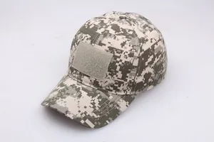 Macro detail of digital camo tactical baseball cap with front hook and loop patch area