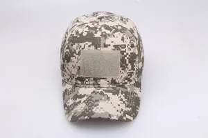 Macro shot of tactical digital camo baseball cap with front hook and loop fastener patch