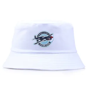 White cotton Flying Aces aviator bucket hat with vintage airplane emblem and embroidery