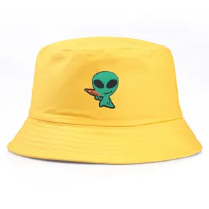 Yellow cotton bucket hat with green alien embroidery and high-quality stitched brim