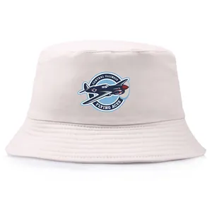 White cotton bucket hat with Central Illinois Flying Aces fighter jet logo and stitched brim
