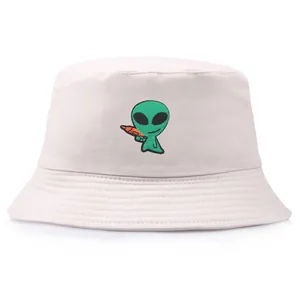 Minimalist cream-white cotton bucket hat featuring a green alien embroidery on the front