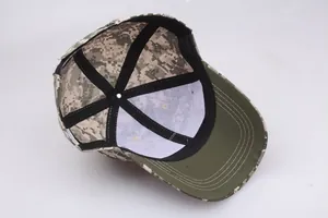 Detail view of the digital camo tactical cap's inner lining and reinforced stitching
