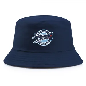 Navy blue cotton bucket hat featuring Flying Aces aircraft emblem with reinforced stitching