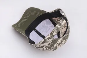 Detail of digital camouflage tactical cap showing sweatband and adjustable strap