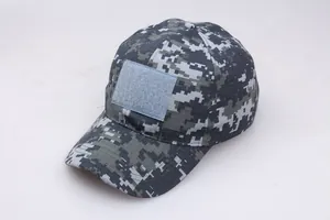 Detail of digital camouflage tactical baseball cap with front hook and loop patch area