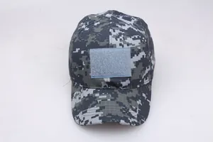 Close-up of digital camo tactical cap with front hook and loop patch area and durable fabric