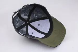 Detail view of tactical camo baseball cap interior showing lining and velcro strap