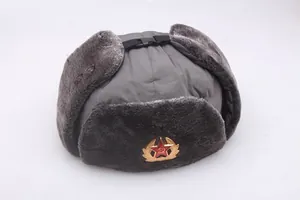 Détail de l'insigne soviétique CCCP sur une chapka grise avec fourrure synthétique