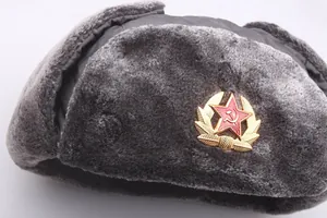 Détail de la fourrure grise et de l'emblème soviétique sur le chapeau d'hiver ushanka