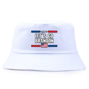 White bucket hat featuring Let's Go Brandon text and American flag embroidery