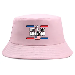 Pink Let's Go Brandon cotton bucket hat with American flag embroidery for men and women