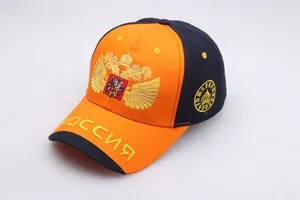 Detailed embroidery of Russian double-headed eagle on orange and navy baseball cap