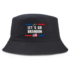 Black cotton bucket hat with Let's Go Brandon slogan and American flag graphics