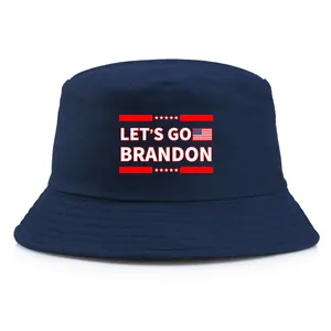 Dark blue cotton bucket hat with Let's Go Brandon text and American flag design