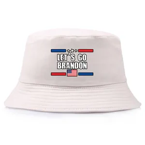 White Let's Go Brandon bucket hat with US flag design for men and women