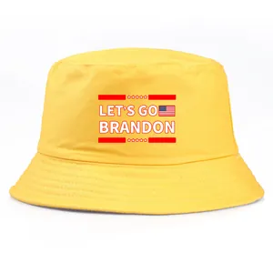 Yellow bucket hat featuring Let's Go Brandon text and US flag stars for men and women