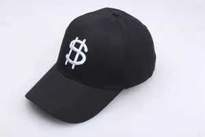 Black hip hop baseball cap with white dollar sign embroidery and flat brim for street style