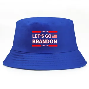 Dark blue Let's Go Brandon bucket hat with US flag elements on white background