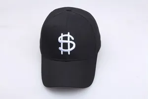 Black hip hop baseball cap featuring white dollar sign embroidery with a flat brim