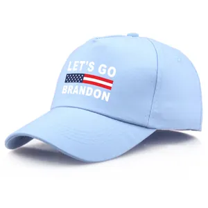 Light blue Let's Go Brandon adjustable baseball cap with flag design in 45-degree view