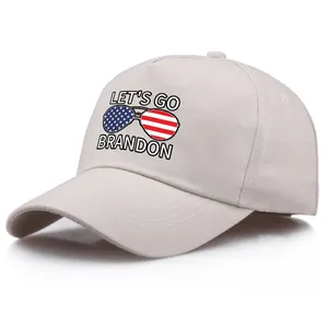 Classic beige cotton baseball cap with Let's Go Brandon text and US flag sunglasses
